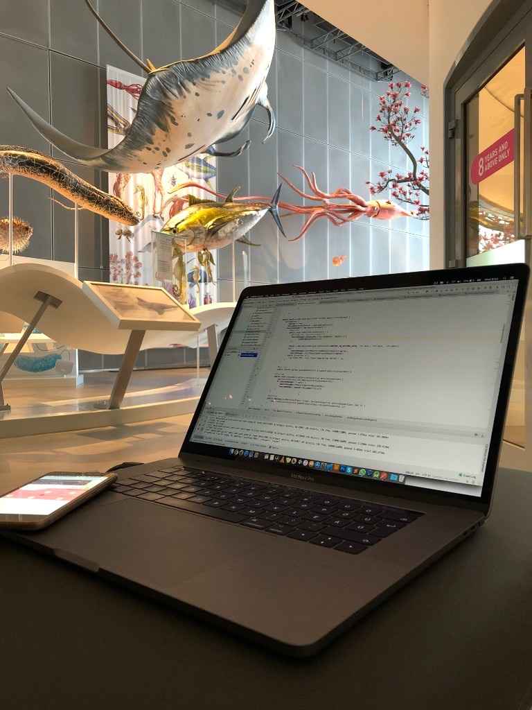 Helyszíni fejlesztés: laptop, telefon és a kiállítás